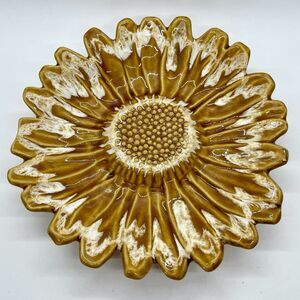 Vintage USA Pottery Sunflower Daisy Drip Glaze Trinket Dish 8” Yellow Brown